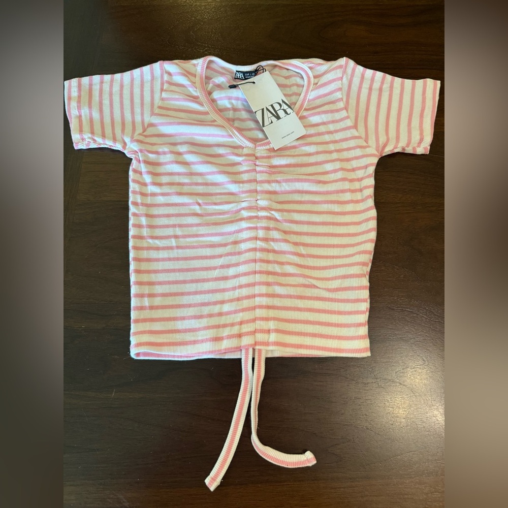 NWT Zara Ruched Tie Front Crop Top, Pink/White Stripe, Size Large (Runs Small)